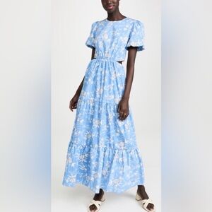 Wayf Plaza Cut-Out Blue Floral Maxi Puff Sleeve Maxi Dress